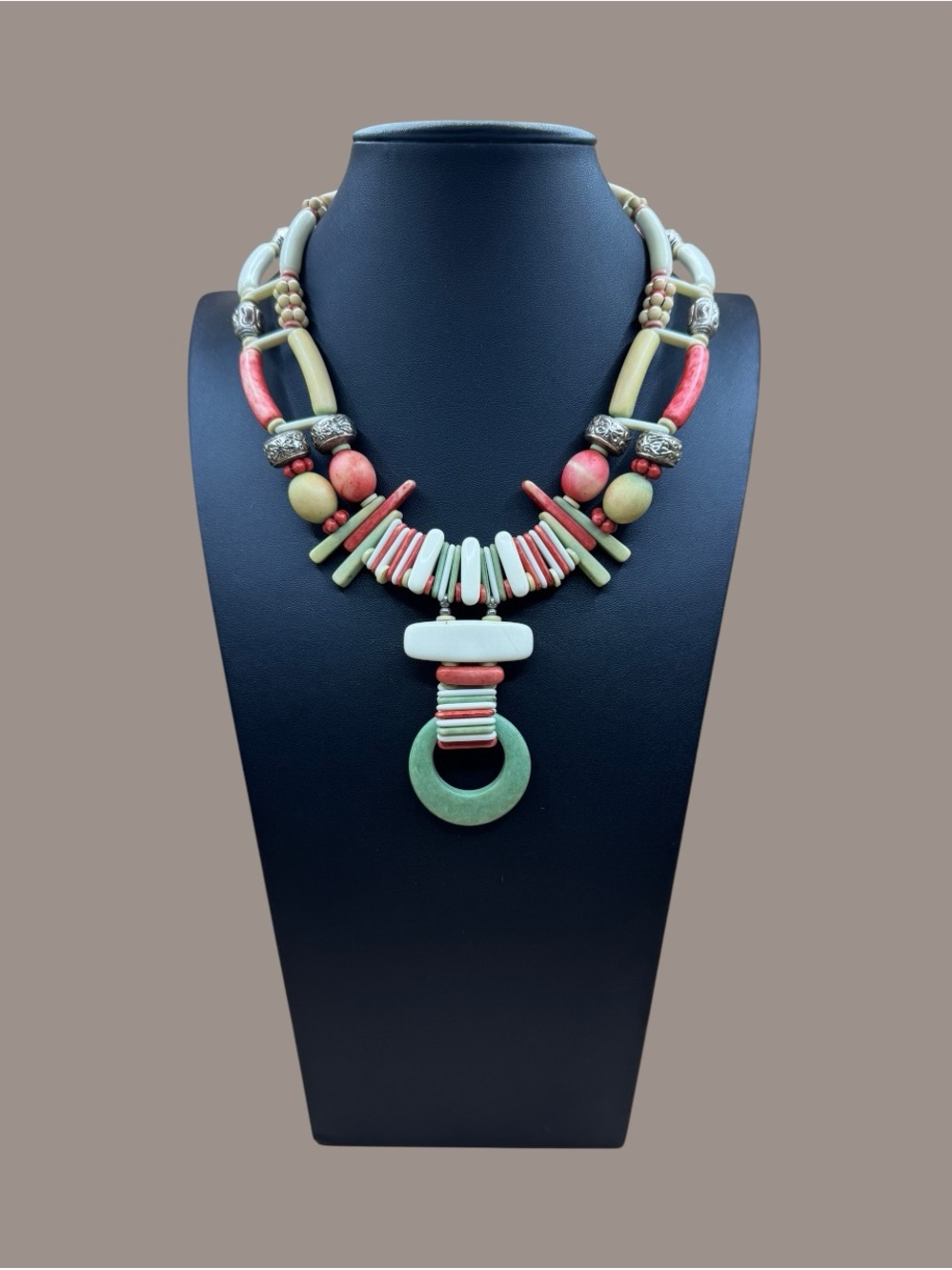 Vintage Multicolor Double-Strand Statement Necklace with Geometric Pendant Boho